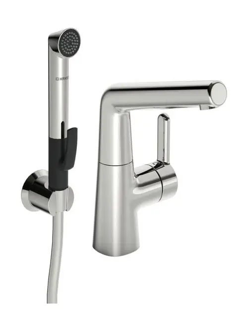 Einhebelmischer mit separatem Handbrausekopf, Chromoberfläche, markiert mit HANSA. Design in klaren Linien, geeignet für die Montage an einem Waschbecken.